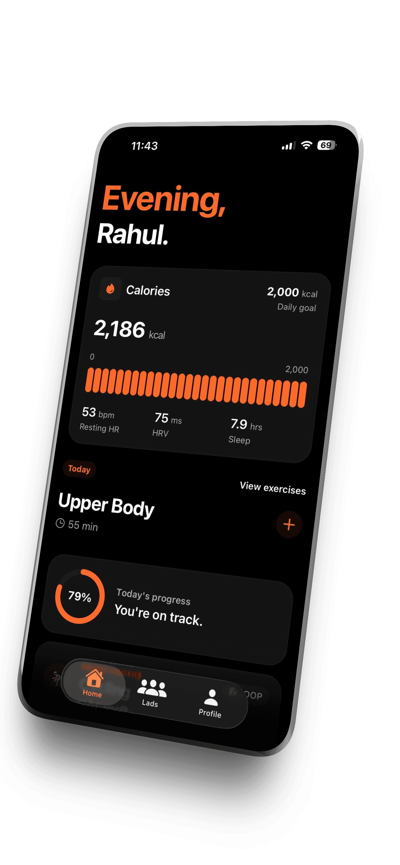 Lads home screen showing today's calories, workout, and progress