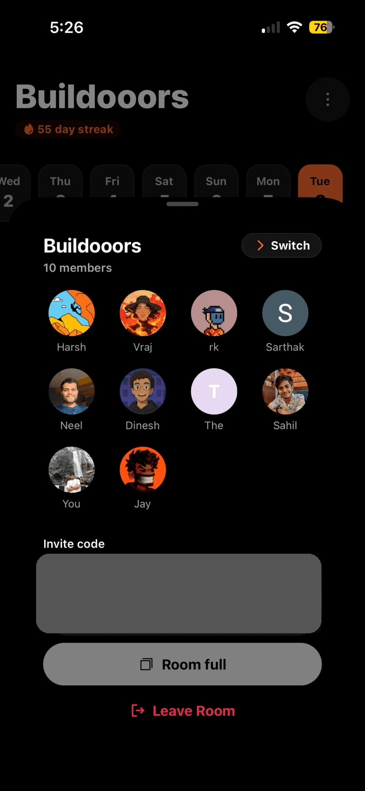 Buildooors room details sheet with invite code blurred
