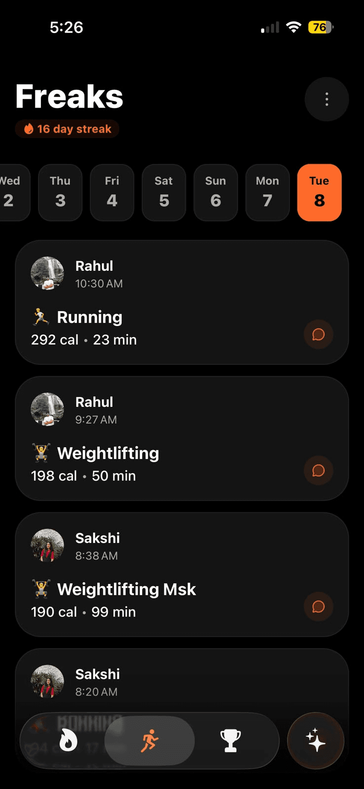 Freaks room feed showing a streak and recent activities