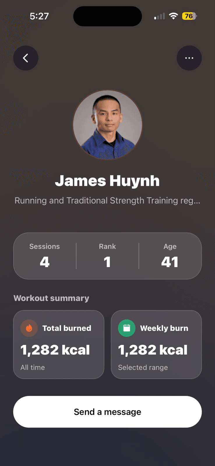 James Huynh profile screen showing workout summary