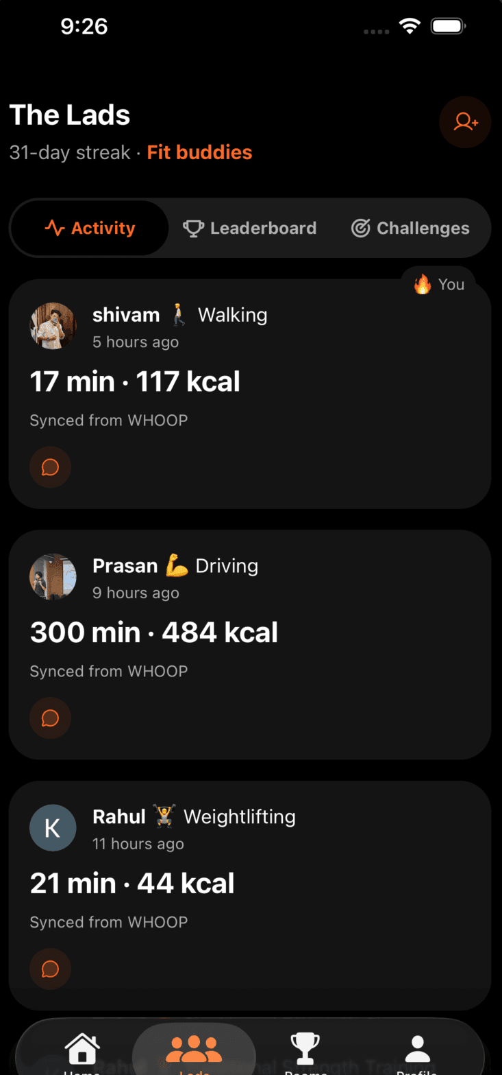 Lads room activity feed showing friends' synced workouts