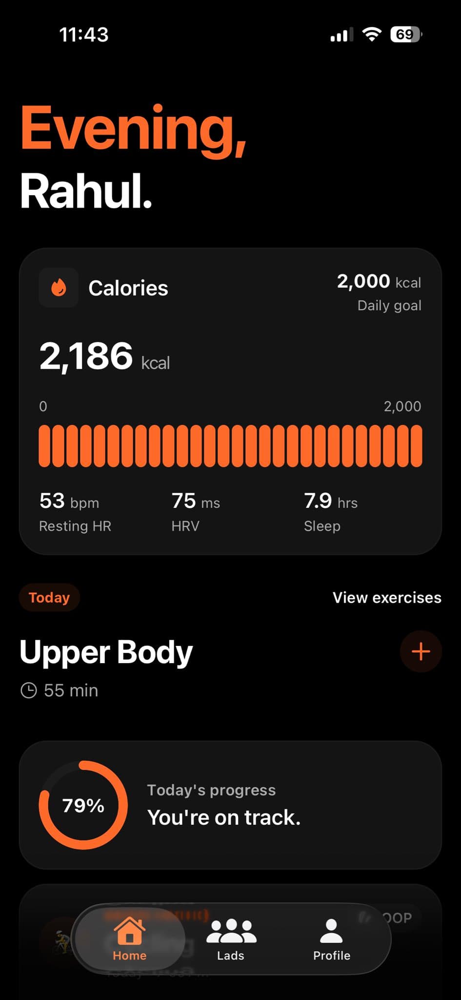Lads home screen showing today's calories, workout, and progress