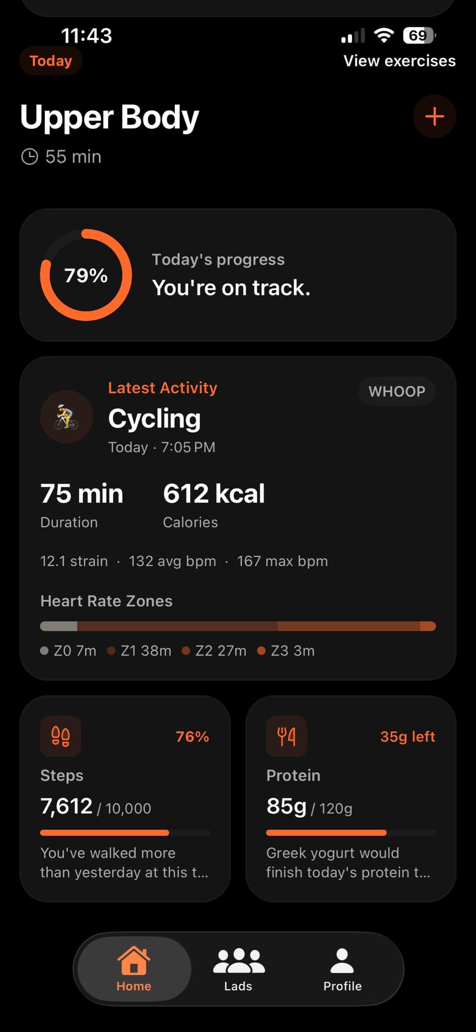 Today's progress ring at 79%, on track, with the latest synced cycling activity